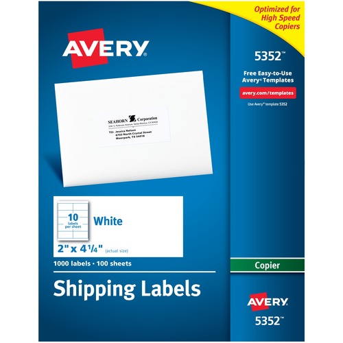 COPIER MAILING LABELS, COPIERS, 2 X 4.25, WHITE, 10/SHEET, 100 SHEETS/BOX