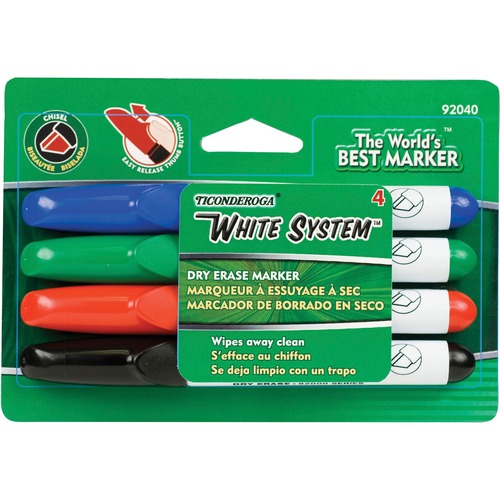 Dry-Erase Marker, Chisel Tip, 4/ST, BK/RD/BE/GN