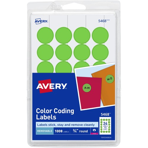 Printable Removable Color-Coding Labels, 3/4" Dia, Neon Green, 1008/pack