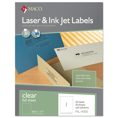 Laser/inkjet Matte Clear Full Sheet Labels, 8 1/2 X 11, 50/box