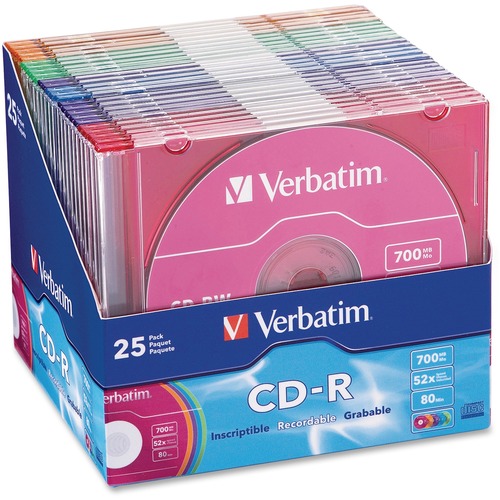 Cd-R Discs, 700mb/80min, 52x, Slim Jewel Cases, Assorted Colors, 25/pack