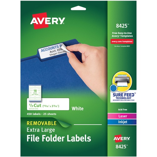 REMOVABLE FILE FOLDER LABELS WITH SURE FEED TECHNOLOGY, 0.94 X 3.44, WHITE, 18/SHEET, 25 SHEETS/PACK