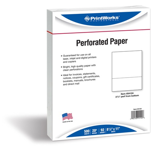 3-2/3" Perforated Office Paper, LTR, 20 lb, 500/RM, White