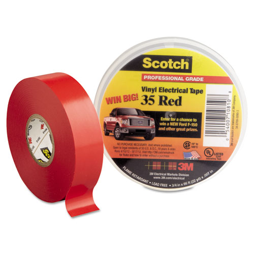 Scotch 35 Vinyl Electrical Color Coding Tape, 3/4" X 66ft, Red
