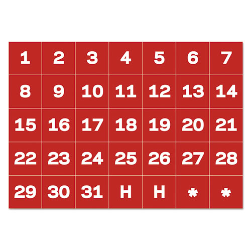 INTERCHANGEABLE MAGNETIC BOARD ACCESSORIES, CALENDAR DATES, RED/WHITE, 1" X 1"