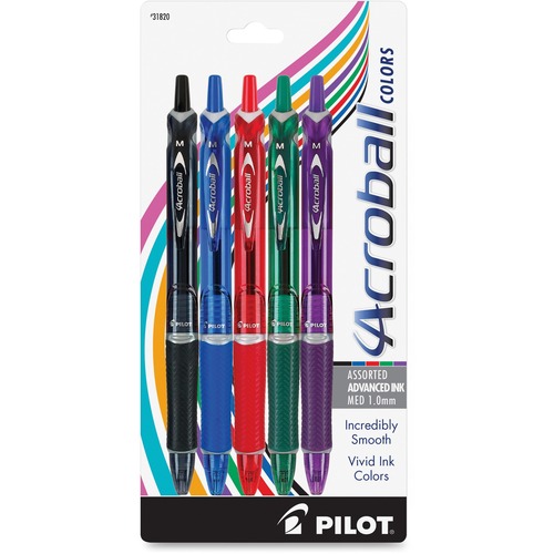 ACROBALL COLORS BALLPOINT PEN, 1MM, BLACK/BLUE/GREEN/PURPLE/RED, 5/PACK