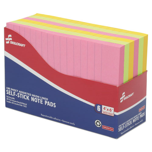 7530014181212, SELF-STICK NOTE PADS, 4 X 6, RULED, ASSORTED NEON COLORS, 6/PACK
