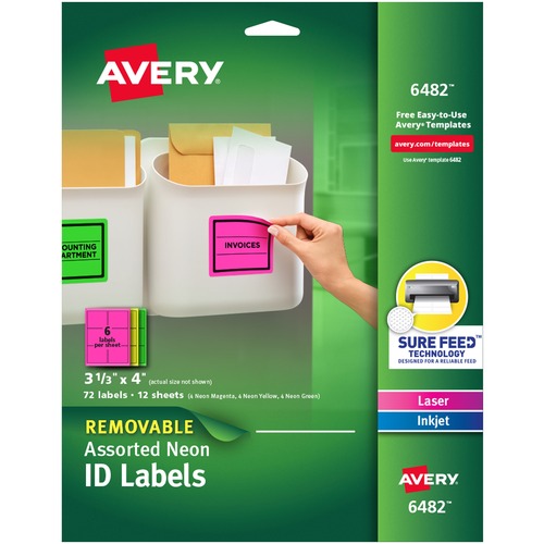 High-Visibility Removable Id Labels, Laser/inkjet, 3 1/3 X 4, Asst. Neon, 72/pk