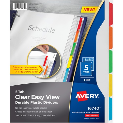 CLEAR EASY VIEW PLASTIC DIVIDERS WITH MULTICOLORED TABS AND SHEET PROTECTOR, 5-TAB, 11 X 8.5, CLEAR, 1 SET