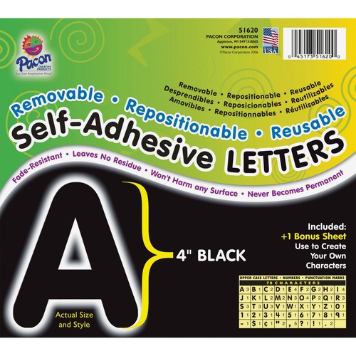 Self-Adhesive Letters, 4", 78 Characters, Black