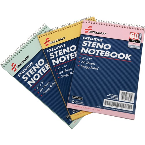7530014545702 SKILCRAFT STENO PAD, GREGG RULE, 6 X 9, ASSORTED COVER COLORS, 60 SHEETS, 3/PACK