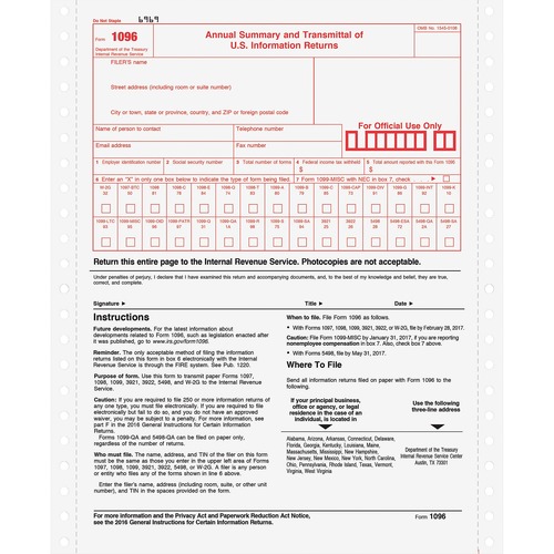 1096 Summary Transmittal Tax Forms, 2-Part Carbonless, 8 X 11, 10 Forms