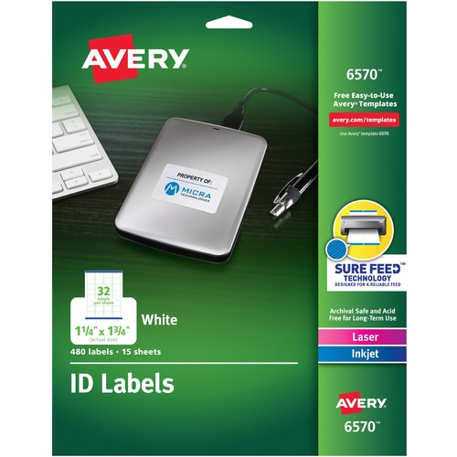 Permanent Id Labels, Inkjet/laser, 1 1/4 X 1 3/4, White, 480/pack
