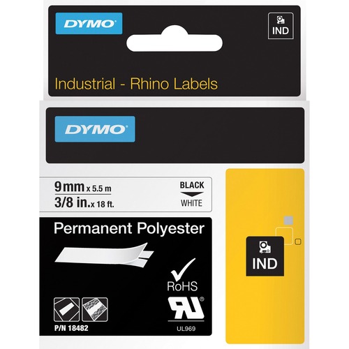 Rhino Permanent Poly Industrial Label Tape, 3/8" X 18 Ft, White/black Print