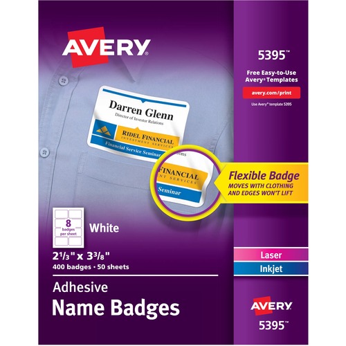 FLEXIBLE ADHESIVE NAME BADGE LABELS, 3.38 X 2.33, WHITE, 400/BOX