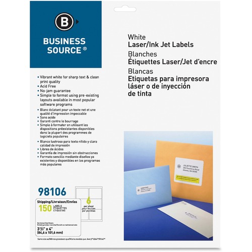 Mailing Labels,Shipping,Laser/Inkjet,3-1/3"x4",150/PK, White