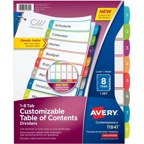 CUSTOMIZABLE TOC READY INDEX MULTICOLOR DIVIDERS, 1-8, LETTER