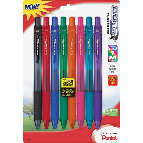 Gel Pens, Retractable, .7mm, 8/PK, Assorted Barrel/Ink