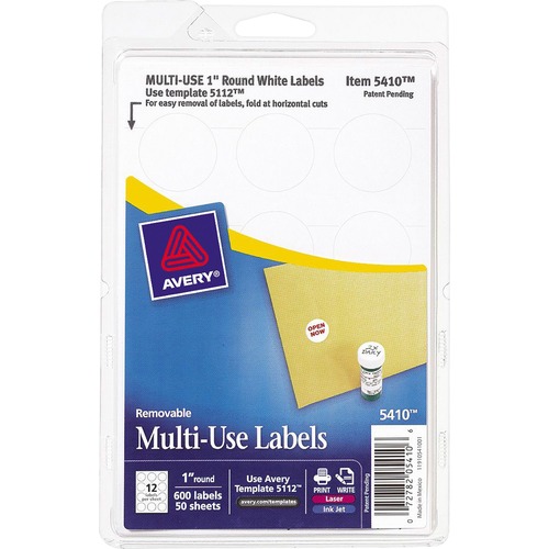 Removable Multi-Use Labels, 1" Dia, White, 600/pack