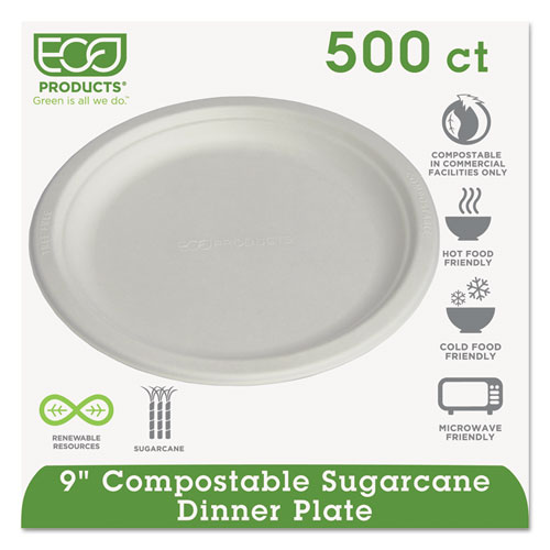 RENEWABLE AND COMPOSTABLE SUGARCANE PLATES, 9", 500/CARTON