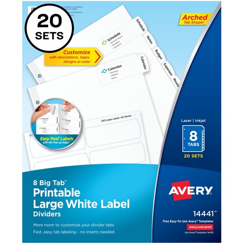 BIG TAB PRINTABLE LARGE WHITE LABEL TAB DIVIDERS, 8-TAB, LETTER, 20 PER PACK