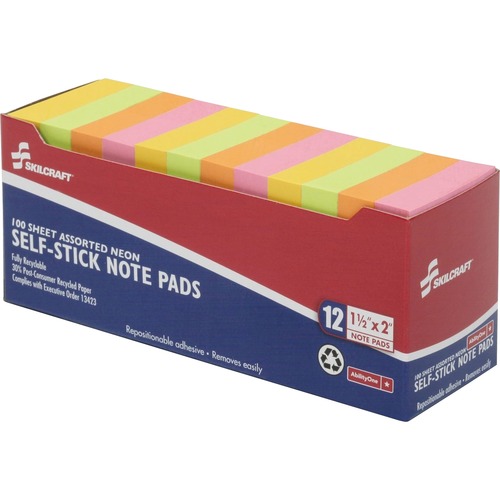 7530013857560, SELF-STICK NOTE PADS, 1 1/2 X 2, UNRULED, NEON, 100 SHEETS, 12/PK