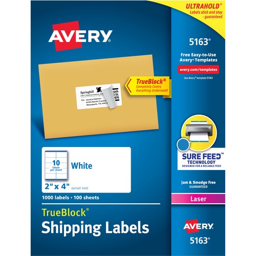 SHIPPING LABELS W/ TRUEBLOCK TECHNOLOGY, LASER PRINTERS, 2 X 4, WHITE, 10/SHEET, 100 SHEETS/BOX