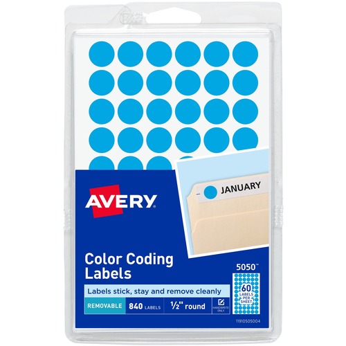 Handwrite Only Removable Round Color-Coding Labels, 1/2" Dia, Light Blue, 840/pk