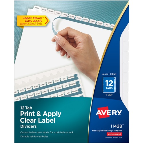 PRINT AND APPLY INDEX MAKER CLEAR LABEL DIVIDERS, 12 WHITE TABS, LETTER