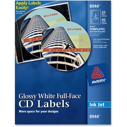 Inkjet Full-Face Cd Labels, Glossy White, 20/pack