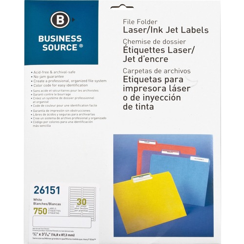 Business Source  Filing Labels, Laser/Inkjet, 2/3"x 3-7/16", 750/PK, White