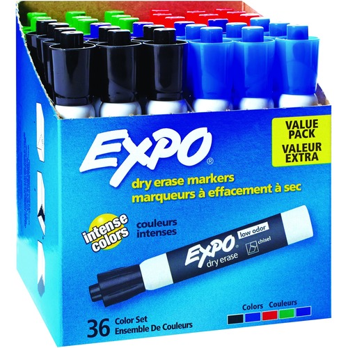 Low Odor Dry Erase Marker, Chisel Tip, Assorted, 36/box