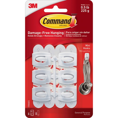Command Hooks, Mini, 1/2lb. Capacity, 6 Hooks/8 Strips