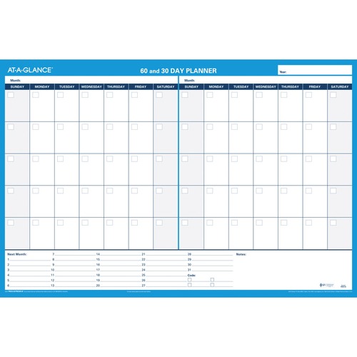 30/60-Day Undated Horizontal Erasable Wall Planner, 36 X 24, White/blue,