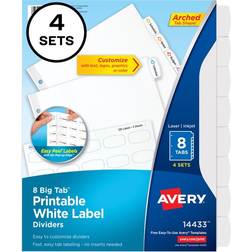 Easy Peel White Label Tab Dividers, 8-Tab, 6/PK, White