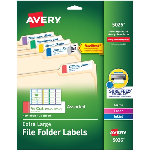EXTRA-LARGE TRUEBLOCK FILE FOLDER LABELS WITH SURE FEED TECHNOLOGY, 0.94 X 3.44, WHITE, 18/SHEET, 25 SHEETS/PACK