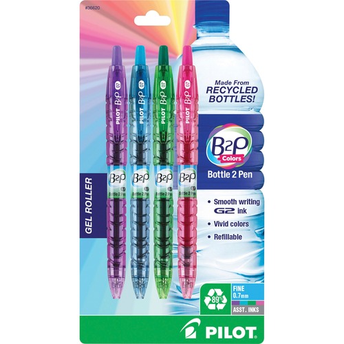 B2p Bottle-2-Pen Colors Recycled Retractable Gel Ink Pen, Assorted, .7mm, 4/pack