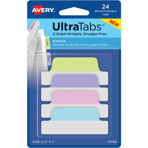 Ultra Tabs Repositionable Tabs, 2.5 X 1, Pastel:blue, Pink, Purple, Green, 24/pk