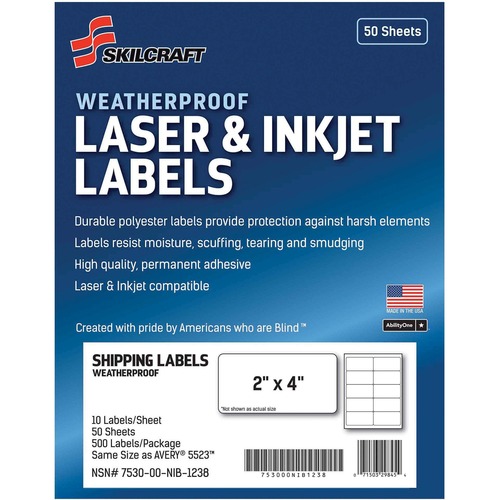 7530-01-673-6220 SKILCRAFT WEATHERPROOF MAILING LABELS, LASER, 500 LABELS