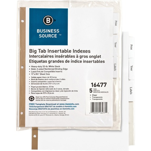 Business Source  Index Dividers, 5-Tab, 11"x8-1/2", White Stock/Clear Tabs