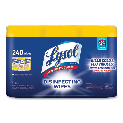 DISINFECTING WIPES, 7 X 8, LEMON AND LIME BLOSSOM, 80 WIPES/CANISTER, 3 CANISTERS/PACK