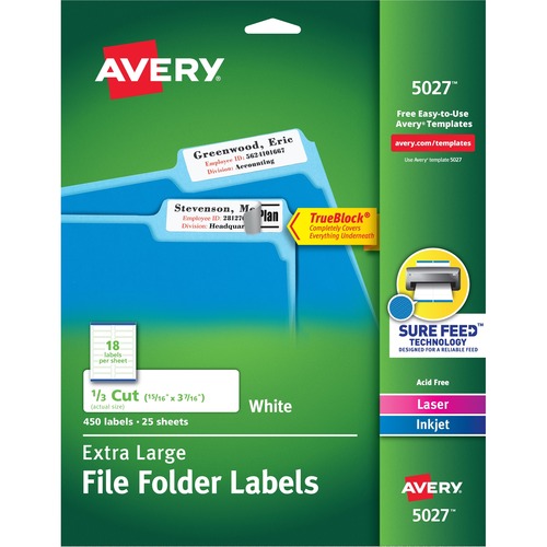 EXTRA-LARGE TRUEBLOCK FILE FOLDER LABELS WITH SURE FEED TECHNOLOGY, 0.94 X 3.44, WHITE, 18/SHEET, 25 SHEETS/PACK