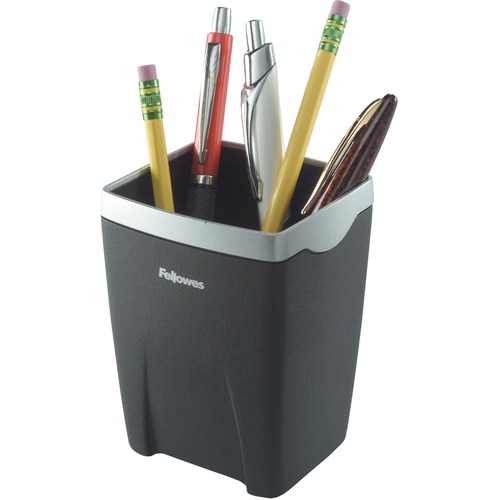 Office Suites Divided Pencil Cup, Plastic, 3 1/16 X 3 1/16 X 4 1/4, Black/silver