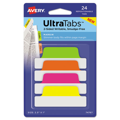 Ultra Tabs Repositionable Tabs, 2.5 X 1, Neon:green, Orange, Pink, Yellow, 24/pk