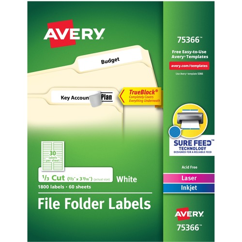 Permanent File Folder Labels, Trueblock, Inkjet/laser, White, 1800/box