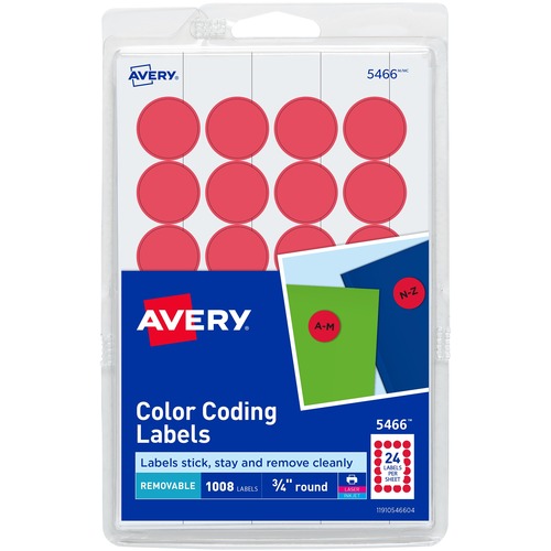 Printable Removable Color-Coding Labels, 3/4" Dia, Red, 1008/pack