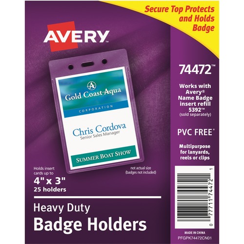 Secure Top Heavy-Duty Badge Holders, Vertical, 3w X 4h, Clear, 25/pack