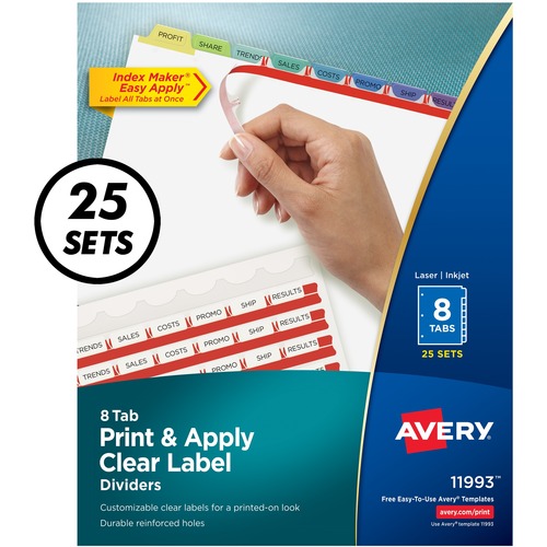 PRINT AND APPLY INDEX MAKER CLEAR LABEL DIVIDERS, 8 COLOR TABS, LETTER, 25 SETS