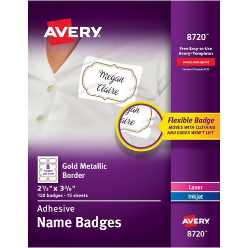 FLEXIBLE ADHESIVE NAME BADGE LABELS, 3 3/8" X 2 1/3", WHITE/GOLD, 120/PK