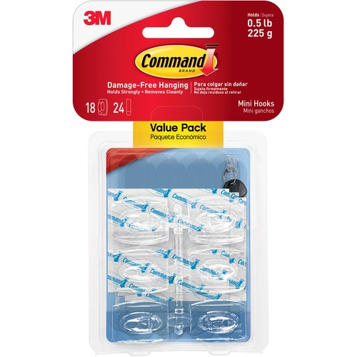 Mini Hooks w/Adhesive Strip, 18/PK, Clear